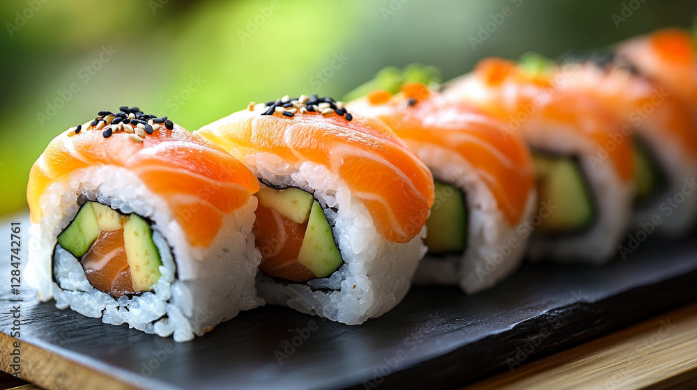 Luxury sushi rolls on a black plate, showcasing fresh salmon, avocado, and rice. Served in a high-class restaurant, symbolizing sophistication, fine dining, and culinary artistry.
Luxury sushi rolls on a black plate, showcasing fresh salmon, avocado, and rice. Served in a high-class restaurant, symbolizing sophistication, fine dining, and culinary artistry.
