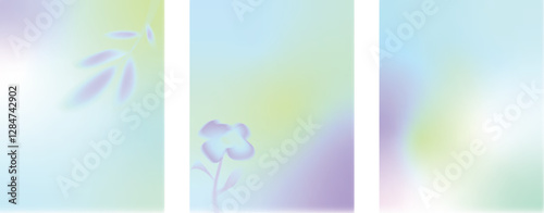 Set of vector grainy gradients in pastel green purple colors. Blurred flower details. For covers, wallpapers, branding and other projects. Grainy texture background