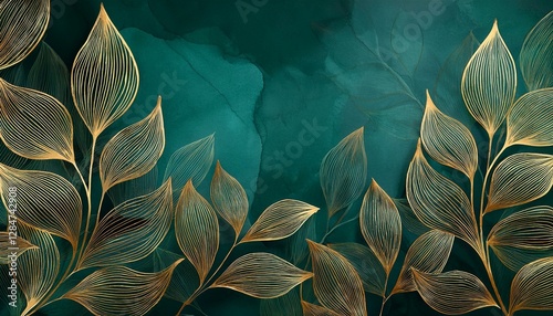 Luxury watercolor background with golden branches and leaves in line art style. Botanical abstract green wallpaper for banner design, textile, print, decor.