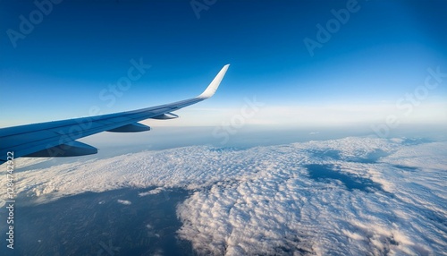 close-up of an airplane wing in mid-flight, clear blue sky, ample copy space, more clarity with clear light and sharp focus, high detailed