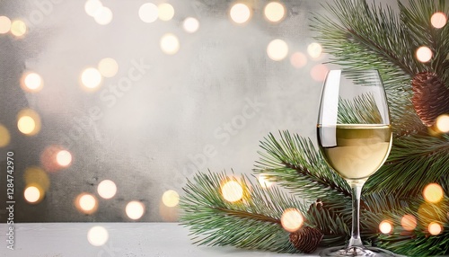christmas and new year background featuring a white wine glass pine branches garland lights and a bokeh effect on a light grey concrete table includes space for text or design