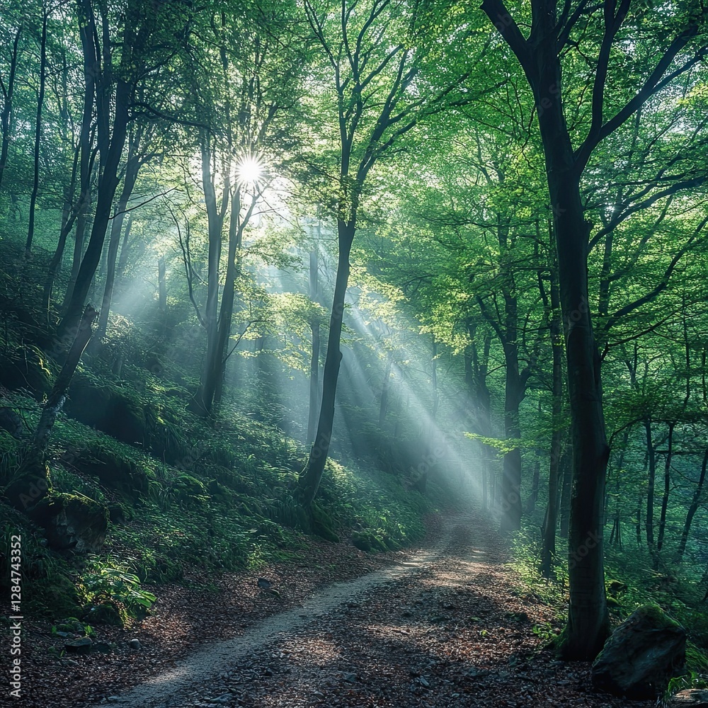 Fototapeta premium In a peaceful forest setting, a twisting dirt road passes through high, dense trees. The scene is filled with lush greenery, and sunlight filters through the leaves, producing dappled shadows