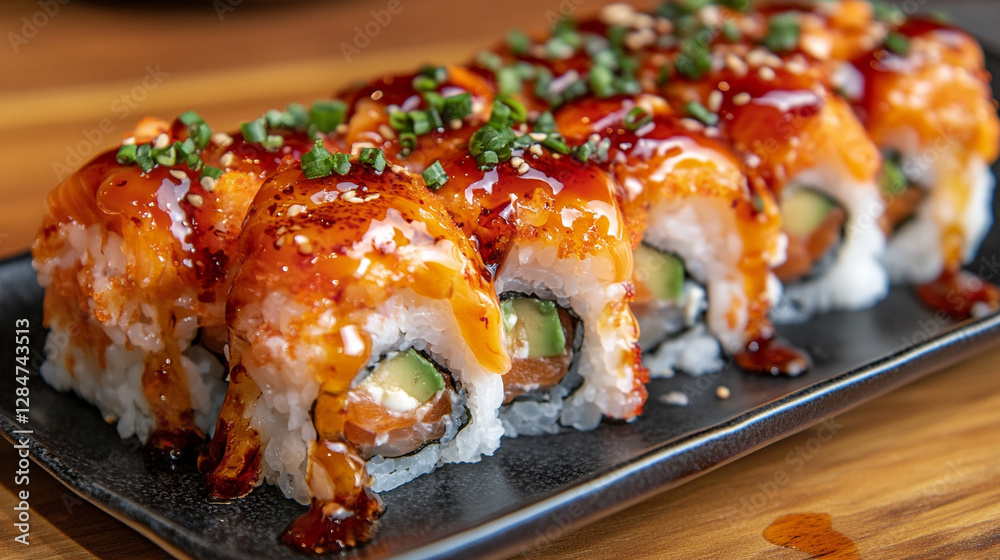 Luxury sushi rolls on a black plate, showcasing fresh salmon, avocado, and rice. Served in a high-class restaurant, symbolizing sophistication, fine dining, and culinary artistry.
Luxury sushi rolls on a black plate, showcasing fresh salmon, avocado, and rice. Served in a high-class restaurant, symbolizing sophistication, fine dining, and culinary artistry.