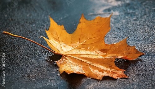 fallen dry yellow maple leaf on wet asphalt pavement during rain