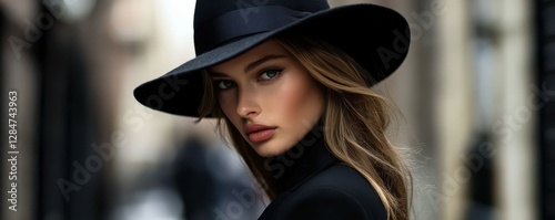 Stylish young caucasian female in black hat on urban street photo