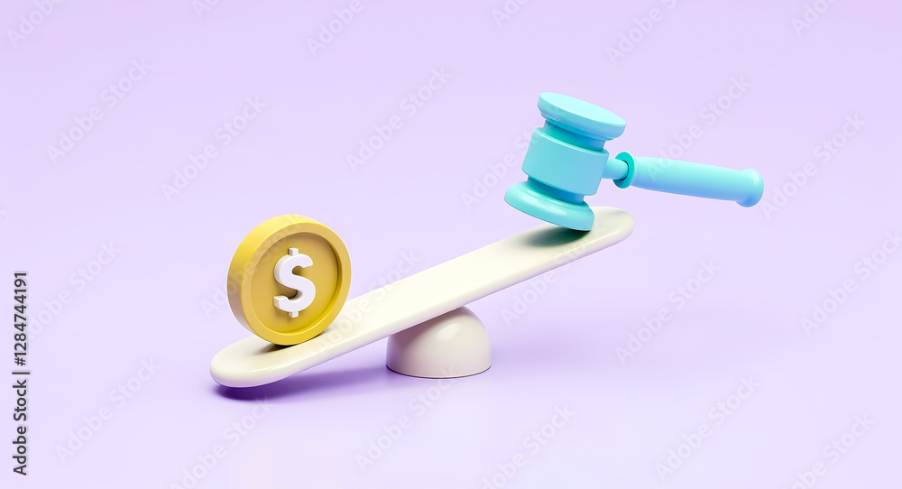 gold coin and gavel balanced on a seesaw gold coin and gavel balanced on a seesaw