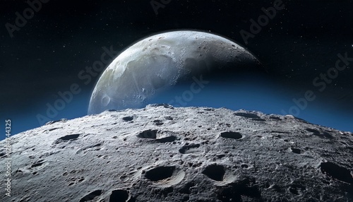 gray cratered moon expanse with rocky debris earth appearing far away as a distant blue sphere intricate shadows and highlights on the moon s surface against the dark cosmos