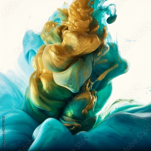 abstract swirling of golden and blue green ink in water