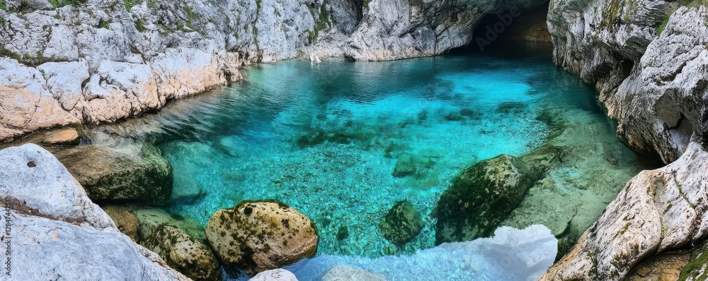 Turquoise blue pool with rocky cliffs and cave entrance in serene natural setting Turquoise blue pool with rocky cliffs and cave entrance in serene natural setting