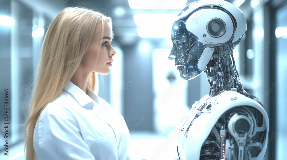 Human-Robot Interaction: A scientist and a futuristic robot stand in a corridor, representing the possibilities of future technology and the blend of human and artificial intelligence Human-Robot Interaction: A scientist and a futuristic robot stand in a corridor, representing the possibilities of future technology and the blend of human and artificial intelligence