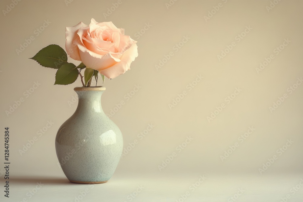A single peach rose in a light grey ceramic vase against a beige background. A single peach rose in a light grey ceramic vase against a beige background.