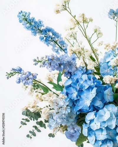 Elegant Arrangement of Mixed Blue Flowers Including Hydrangeas Delphiniums and Irises Creating Luxurious Floral Display for Wedding and Events