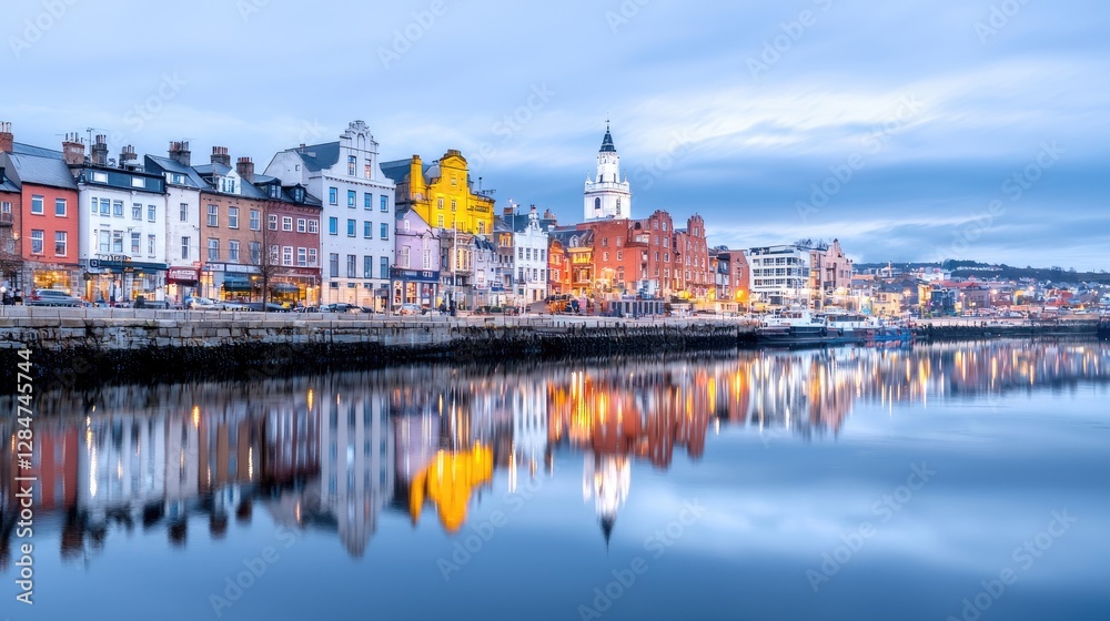 Fototapeta premium Waterfront town twilight cityscape reflection