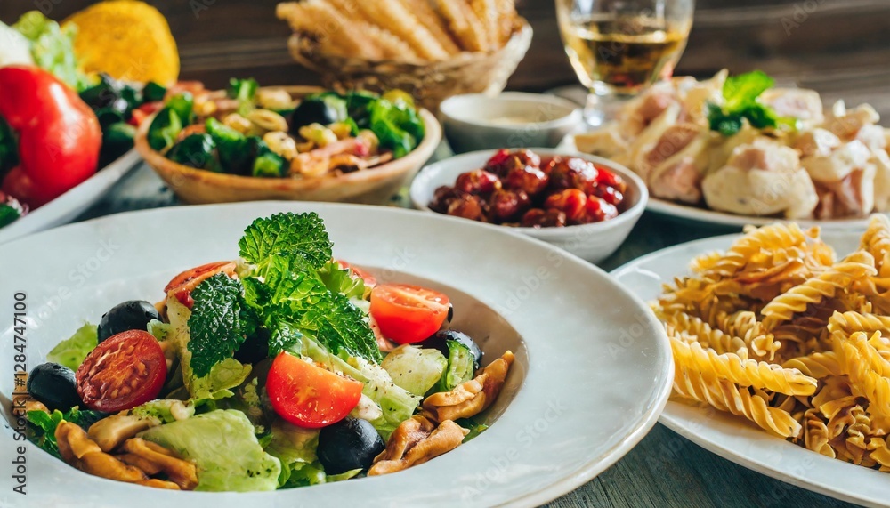 The Table is Filled with Dishes and Food – A Set of Salads, Pasta, and Snacks, Food Background The Table is Filled with Dishes and Food – A Set of Salads, Pasta, and Snacks, Food Background