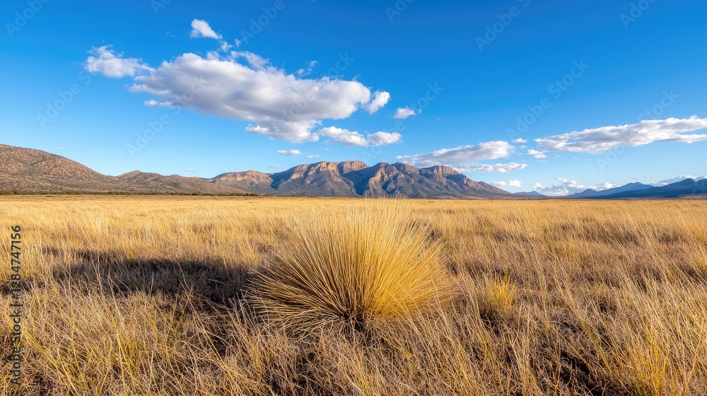 Golden grasslands, mountains backdrop, sunny day, travel poster Golden grasslands, mountains backdrop, sunny day, travel poster