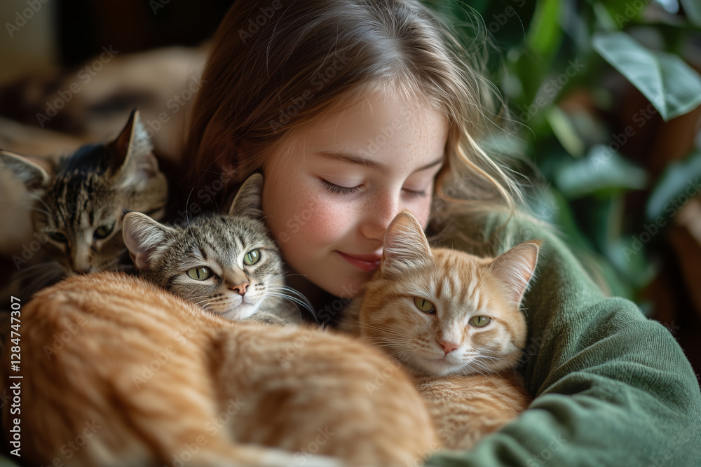 Joyful girl surrounded by playful cats in a sunlit garden Joyful girl surrounded by playful cats in a sunlit garden