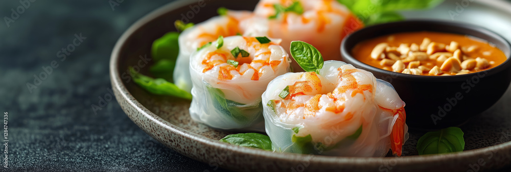 Fresh Vietnamese summer rolls with prawns and spicy dipping sauce on a plate Fresh Vietnamese summer rolls with prawns and spicy dipping sauce on a plate