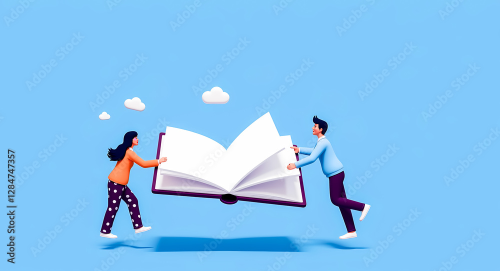 Fototapeta premium man and woman collaboratively carry a large open book