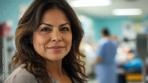 A confident Latina nurse in her early 40s looks directly at the camera. Her warm smile reflects compassion and dedication in a healthcare environment.