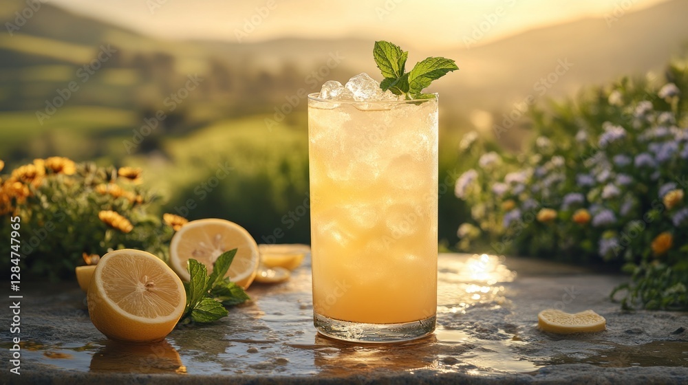 Fototapeta premium Refreshing iced drink, golden hour terrace, scenic view, morning sunlight