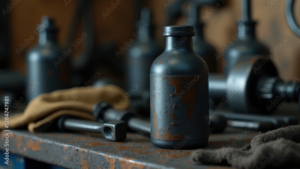 Lubricant bottle, A lubricant bottle on a mechanic's workbench under artificial light front view industrial mood. Lubricant bottle, A lubricant bottle on a mechanic's workbench under artificial light front view industrial mood.