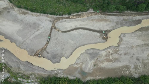 A polluted muddy yellow river under construction, Zhejiang, China