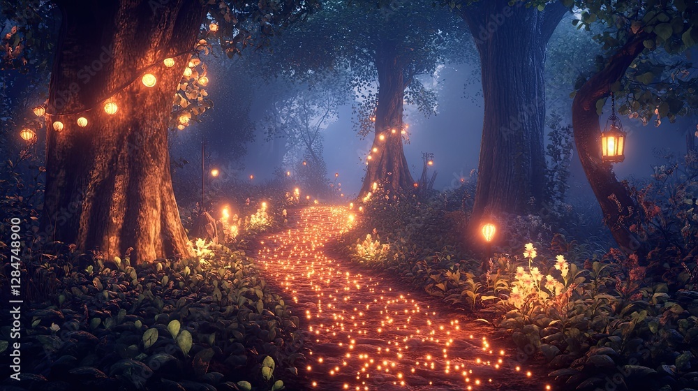A mystical forest trail adorned with luminous lights on both the trees and the ground A mystical forest trail adorned with luminous lights on both the trees and the ground