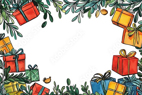 Decorative holiday border featuring greenery and vibrant gift boxes.