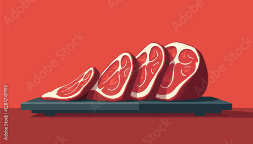 Illustration of fresh meat cuts on a black cutting board.