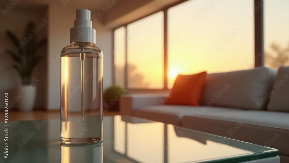 Lubricant bottle, A sleek lubricant bottle on a glass table under sunset light bird's-eye view warm atmosphere. Lubricant bottle, A sleek lubricant bottle on a glass table under sunset light bird's-eye view warm atmosphere.