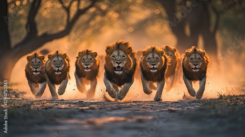 Adynamic scene of numerous lions sprinting across a sandy terrain as the sun sets