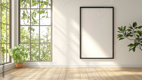 Large black framed picture hangs in a room with a window and a potted plant
