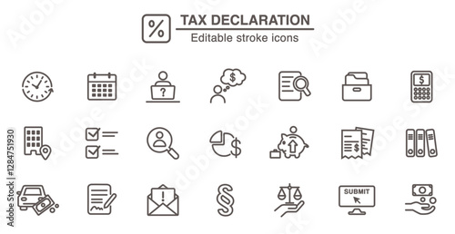 Tax declaration icons. Line icon set with editable stroke.