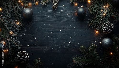 Decorative lights and pine branches on a dark wooden surface, creating evening ambiance