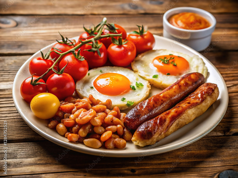 A wooden table with a white plate containing two sunny-side-up eggs, sausages, and beans, accompanied by cherry tomatoes and a bowl of tomato sauce. The colors are vibrant, with the white of the eggs A wooden table with a white plate containing two sunny-side-up eggs, sausages, and beans, accompanied by cherry tomatoes and a bowl of tomato sauce. The colors are vibrant, with the white of the eggs