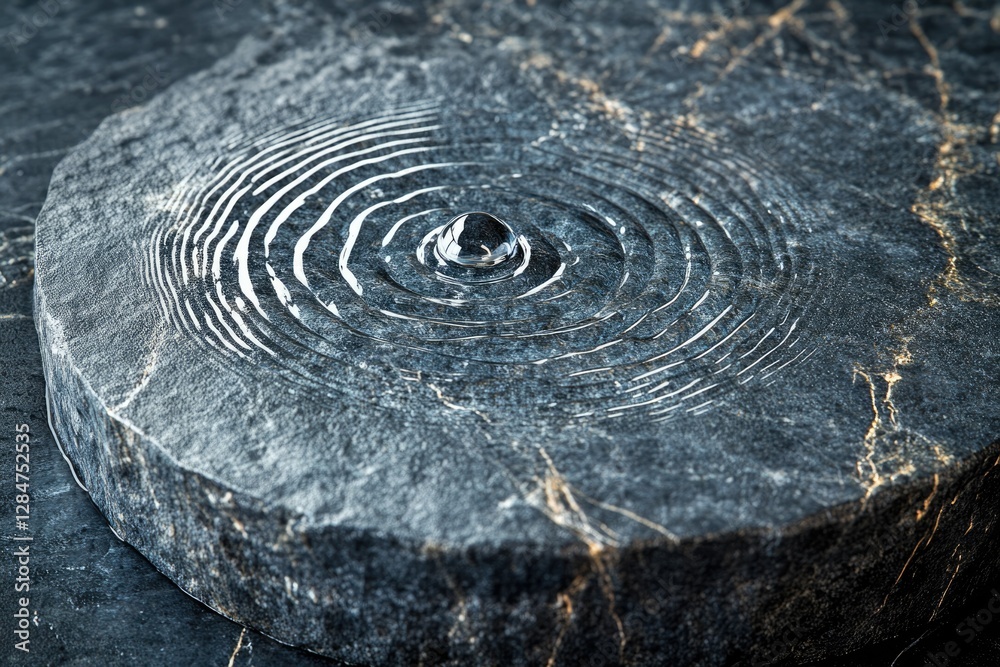 A single water droplet impacting a dark stone surface, creating concentric ripples. A single water droplet impacting a dark stone surface, creating concentric ripples.