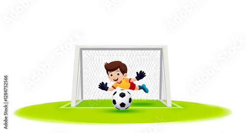young boy soccer goalie makes a diving save