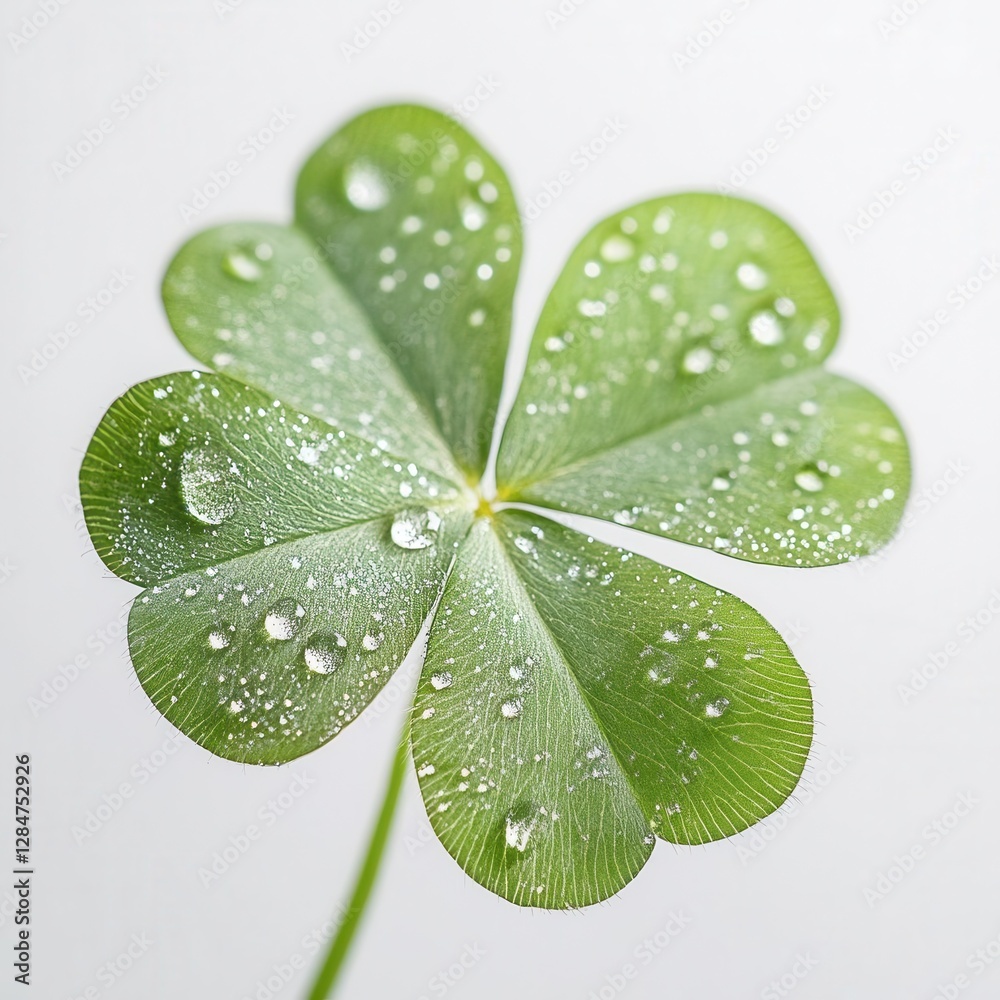 Lucky Four Leaf Clover Macro Photography with Morning Dew Drops on Pure White Background for Good Luck and Nature Symbolism Lucky Four Leaf Clover Macro Photography with Morning Dew Drops on Pure White Background for Good Luck and Nature Symbolism