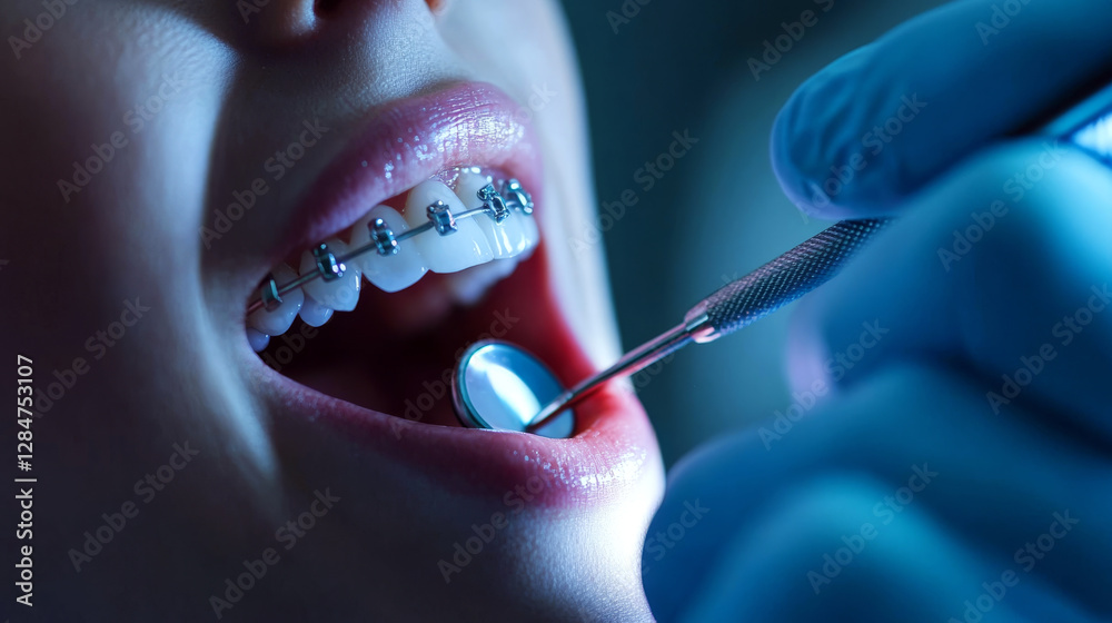 Obraz premium Braces on teeth are being examined with a dental mirror by a gloved hand. Concept: Dental care and orthodontics.