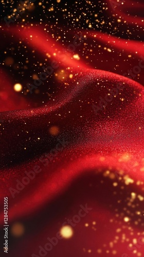 Luxurious Holiday Celebration Background with Cascading Red Silk and Floating Golden Sparkles for Elegant Event Designs