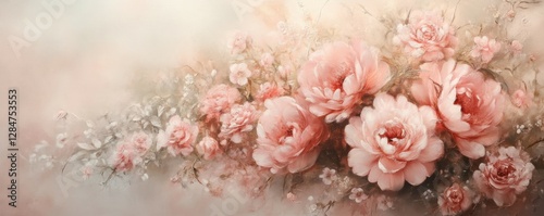 Elegant pink peonies with soft blossoms in atmospheric floral artwork
