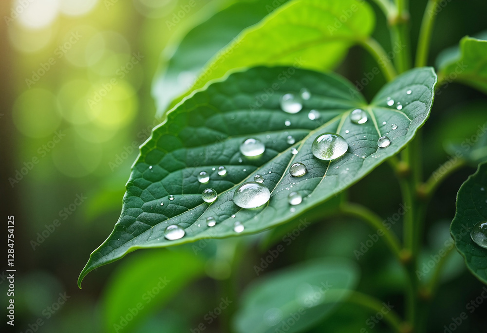 Bright leaf with raindrops gently rolling off its edges, blurred post-rain garden background Bright leaf with raindrops gently rolling off its edges, blurred post-rain garden background