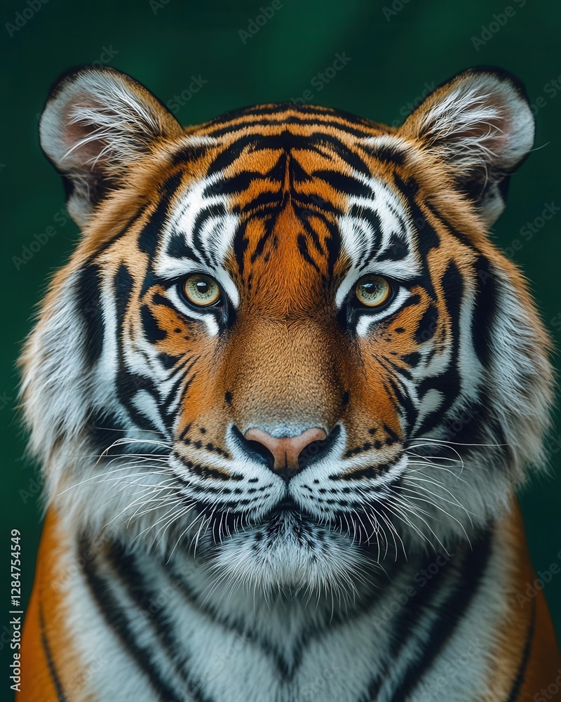 Fototapeta premium Majestic Silver Bengal Tiger Portrait in Dramatic Studio Lighting Against Deep Emerald Background Wildlife Photography