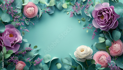 Beautiful Postcart with copy space. Paper Flowers and green leaves composition. Pastel mint template backgroundfor for Mother's Day or Wedding invitations photo