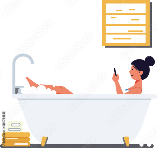 A woman relaxing in a white bathtub filled with bubbles, enjoying leisure time while holding a smartphone, in a minimalist flat vector illustration