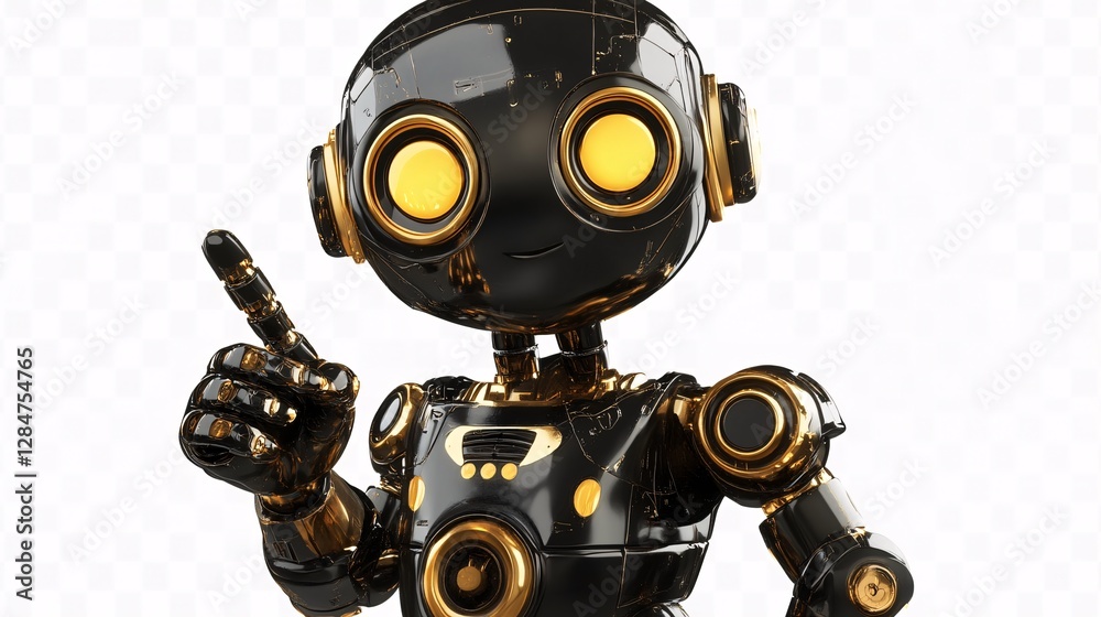 A charming small black and gold robot with glowing eyes points a finger, a futuristic illustration A charming small black and gold robot with glowing eyes points a finger, a futuristic illustration