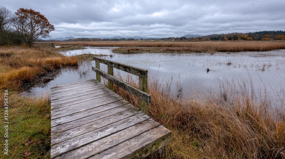 Autumnal wetland boardwalk; tranquil scene, overcast sky Autumnal wetland boardwalk; tranquil scene, overcast sky