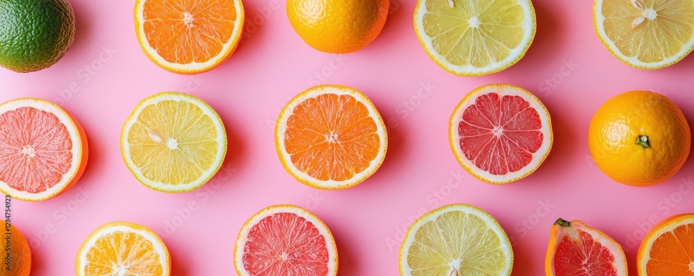 Assorted citrus fruits on pink background with fresh slices of oranges, lemons, and grapefruits Assorted citrus fruits on pink background with fresh slices of oranges, lemons, and grapefruits