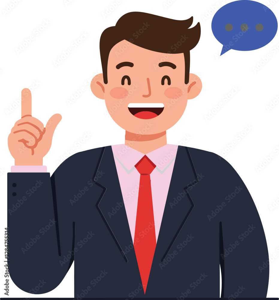 Confident businessman in a suit with a raised finger and speech bubble in a flat design vector illustration Confident businessman in a suit with a raised finger and speech bubble in a flat design vector illustration
