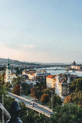 Photography panorama of budapest with river bank and many bridges over the danube river